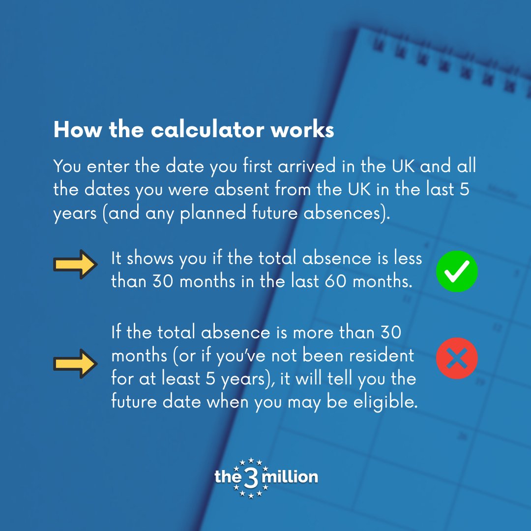 the3million's tweet image. The new absence rules for pre-settled status holders have come in: people are eligible for settled status if they have been resident in the UK for 30 months out of the last 60 months.
Use our absence calculator to figure out how many absences you've had:
the3million.org.uk/absence-calcul…