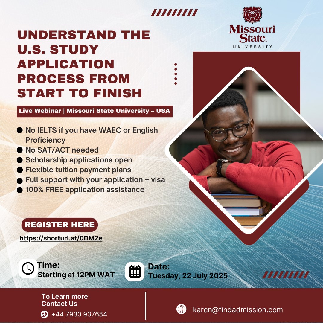 find_admission's tweet photo. If you’ve started your application to study in the U.S or you’ve been thinking about applying but keep getting stuck, this live session is for you, by @Missouri State University in collaboration with https://t.co/oRlJRiPK0t. 

You will get all the clarity you’ve been waiting for. https://t.co/rWm8U2cQaS