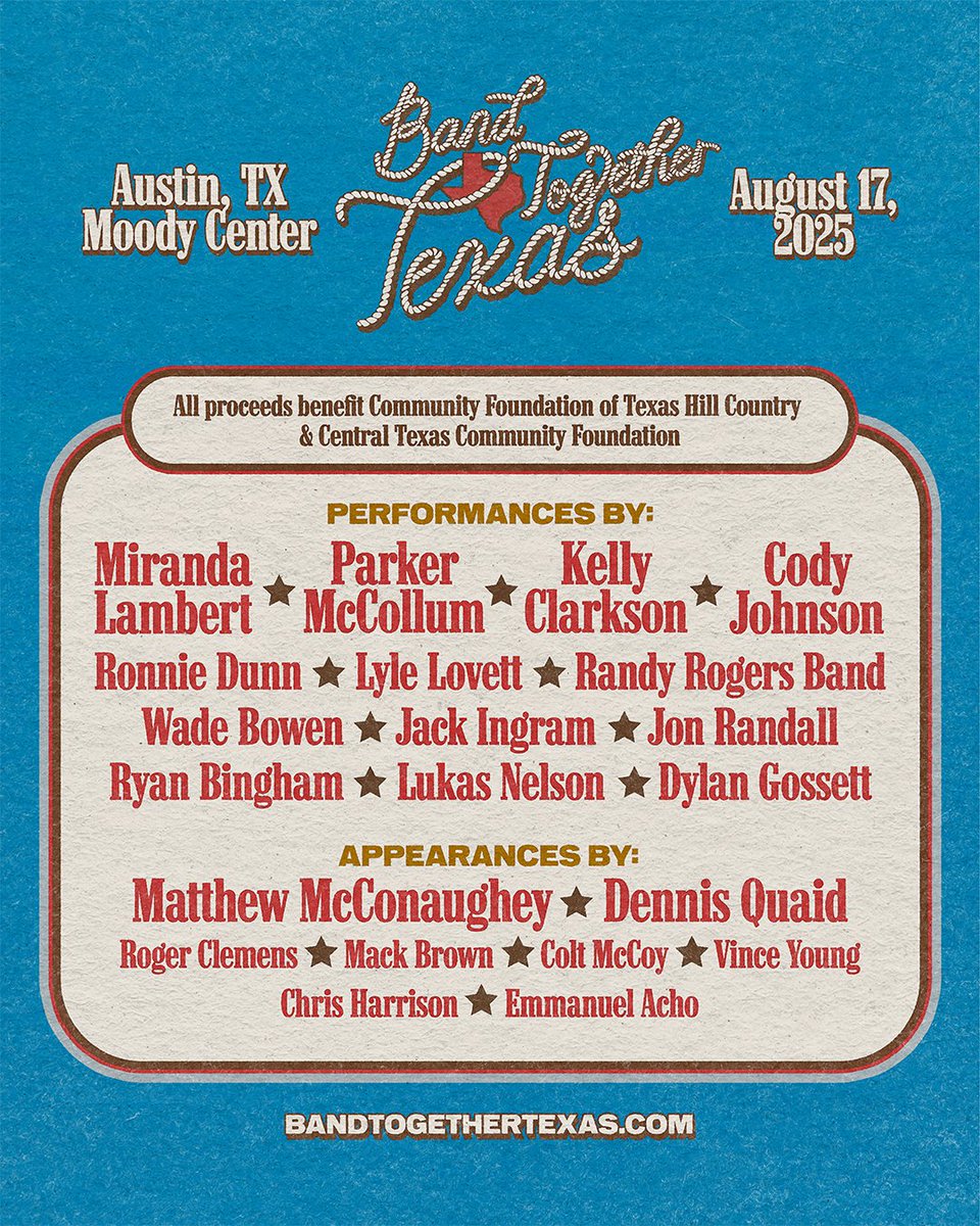 mirandalambert's tweet image. Texans helping Texas. My buddy @ParkerMcCollum and I have called up some good friends to help our home state rebuild. Let’s band together y’all.
❤️🤍💙
Presale registration is open now thru Monday, July 21 at 5pm CT. Register at BandTogetherTexas.com to get your code.