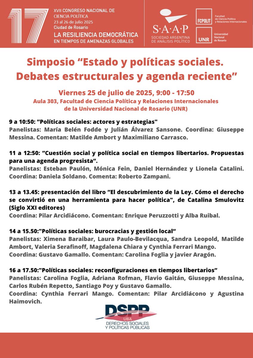grupodspp's tweet image. Semana que viene en Rosario, Congreso @RedSAAP .
Estaremos desde el @grupodspp con el Simposio "Estado y políticas sociales. Debates estructurales y agenda reciente". Allí nos vemos!