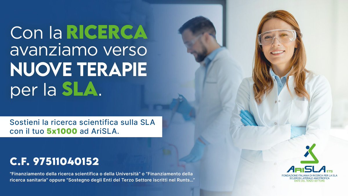 Il #5x1000 alla #ricerca sulla #SLA: un gesto di grande valore! Grazie alle donazioni abbiamo sostenuto ad oggi 40 progetti di ricerca sulla SLA, tra questi ‘BULB – OMIC’ che mira a identificare i meccanismi implicati nella #SLA  bulbare. 
Scopri di più  arisla.org/progetto-finan…