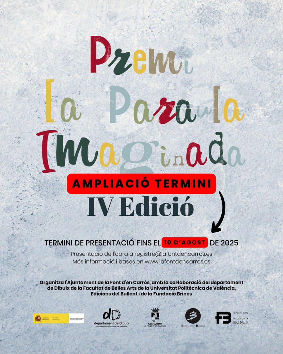 ⚠️‼️ S'amplia el termini de presentació de les obres del Premi La Paraula Imaginada d'àlbum il·lustrat.
🗓 Finalitzarà el diumenge 10 d'agost del 2025.