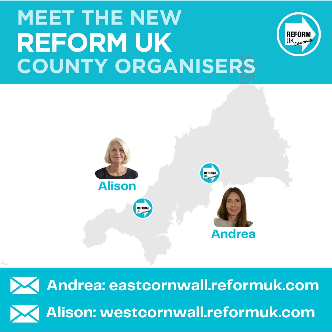 Introducing Reform UK’s Andrea Lovett, East Cornwall Organiser &amp; Alison Groves, West Cornwall Organiser. Andrea leads STAN, SE &amp; North Cornwall &amp; Alison guides St Ives, Camborne &amp; Redruth &amp; Truro &amp; Falmouth. 

Here’s to building a brighter future together!
 #ReformUK