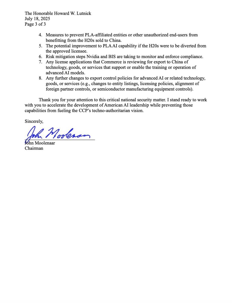 AnthonyAdragna's tweet image. House China Committee chair @RepMoolenaar demands briefing from @howardlutnick on decision to allow Nvidia to resume sales of advanced chips to China.
Decision came after Nvidia's CEO met with Trump.
selectcommitteeontheccp.house.gov/sites/evo-subs…