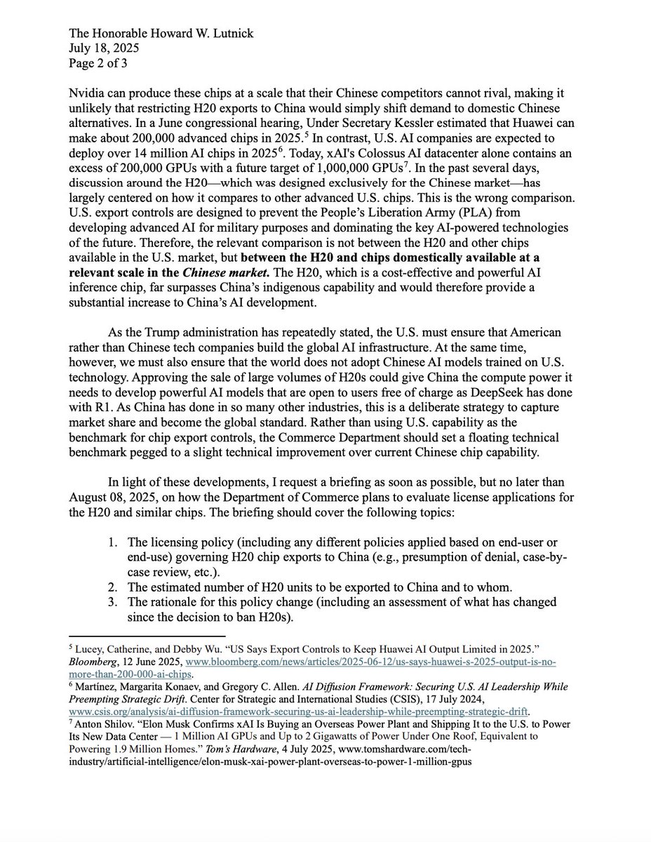 AnthonyAdragna's tweet image. House China Committee chair @RepMoolenaar demands briefing from @howardlutnick on decision to allow Nvidia to resume sales of advanced chips to China.
Decision came after Nvidia's CEO met with Trump.
selectcommitteeontheccp.house.gov/sites/evo-subs…