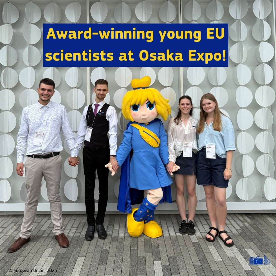 EUScienceInnov's tweet image. Four winners of the EU Contest for Young Scientists (EUCYS) are in Osaka exploring #EXPO2025! They've met a group of Japanese peers to share creative ideas on research & innovation. And they've also met the #EUatExpo mascot!
Stay tuned for more!