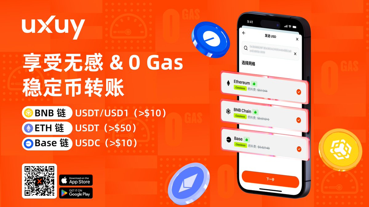 还在为不同公链的 Gas 晕头转向么？UXUY帮你轻松搞定！

在 #UXUY 上，享受 0 Gas 稳定币转账：
<a href="/BNBCHAIN/">BNB Chain</a> : USDT/USD1 > $10
<a href="/ethereum/">Ethereum</a> : USDT > $50
@Base : USDC > $10

免 Gas，就是新常态! 😎

#Gasless
