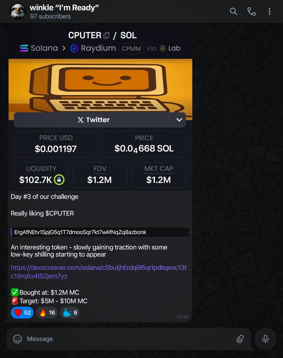 w1nklerr's tweet photo. Day #3 of the $5 to $50,000 challenge

And this is the final day of the run

Today we caught $CPUTER
Sold at $5.2M MC – 4.3x

Current balance: $68,334
The new challenge starts TOMORROW

If you want to join:

Like & retweet this post
Comment “Next”

Only my followers will be accepted.