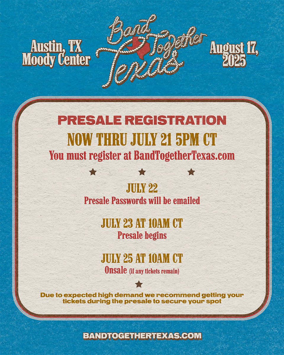 mirandalambert's tweet image. Texans helping Texas. My buddy @ParkerMcCollum and I have called up some good friends to help our home state rebuild. Let’s band together y’all.
❤️🤍💙
Presale registration is open now thru Monday, July 21 at 5pm CT. Register at BandTogetherTexas.com to get your code.