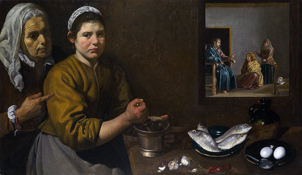 ZerothMonica's tweet photo. #arte Diego Velazquez ,Cristo de visita en casa de Marta y Maria ,las hermanas de Lázaro el resucitado. El rol de #artista #Mujeres ,de Maria ,es silencioso ,va en busca de espacios para dar rienda suelta a su #intuición y desarrollar ideas #creativas #Creatividad https://t.co/qqpAbPXQJO