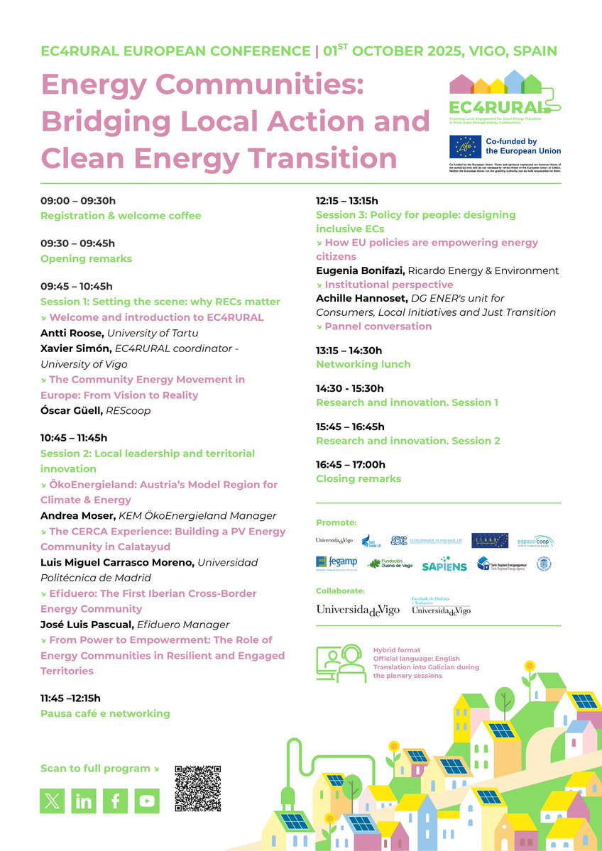EC4RURAL's tweet image. ℹ️🔜 Join us at the Rural Energy Communities conference: Bridging Local Action and Clean Energy Transition in Vigo #Galicia on 1/10/25 as part of the @EC4RURAL - @LIFEprogramme. Form ⤵️
ec4rural.uvigo.gal/2025/03/12/eur…
ℹ️ Agenda in English, Spanish and Estonian ⤵️