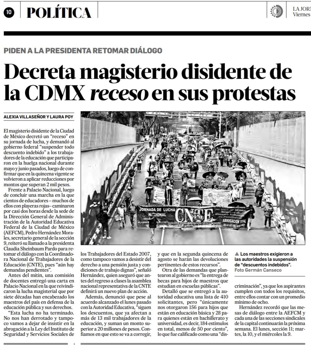 “Esta lucha no ha terminado. No nos han derrotado y  vamos a insistir en la abrogación a la Ley del ISSSTE 2007, tampoco vamos a desistir del derecho a una pensión justa y condiciones de trabajo dignas". Pese al 
acuerdo alcanzado con la AEFCM “siguen los descuentos. CNTE CDMX