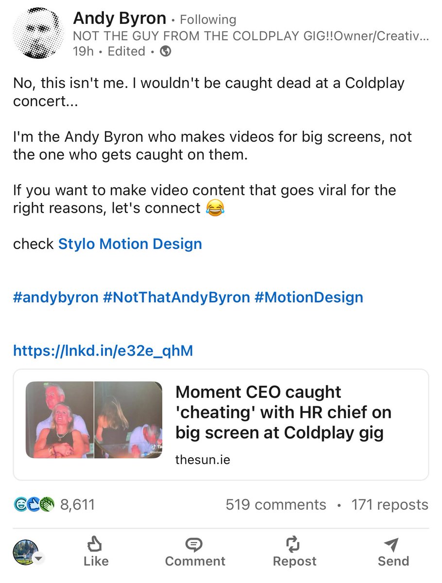 Another guy with the same name as Astronomer’s CEO updated his Linkedin to make sure people knew he wasn’t Astronomer’s CEO lol