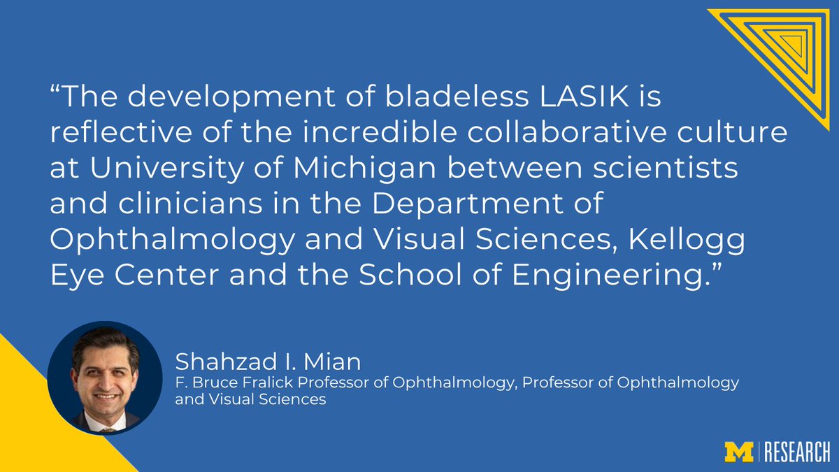UMichResearch's tweet image. There are estimates that more than 24 million people have experienced improved vision and independence from glasses and contact lenses, thanks to bladeless LASIK, discovered by researchers at @UMichMedicine's @UMKelloggEye more than 30 years ago. myumi.ch/n1E4N