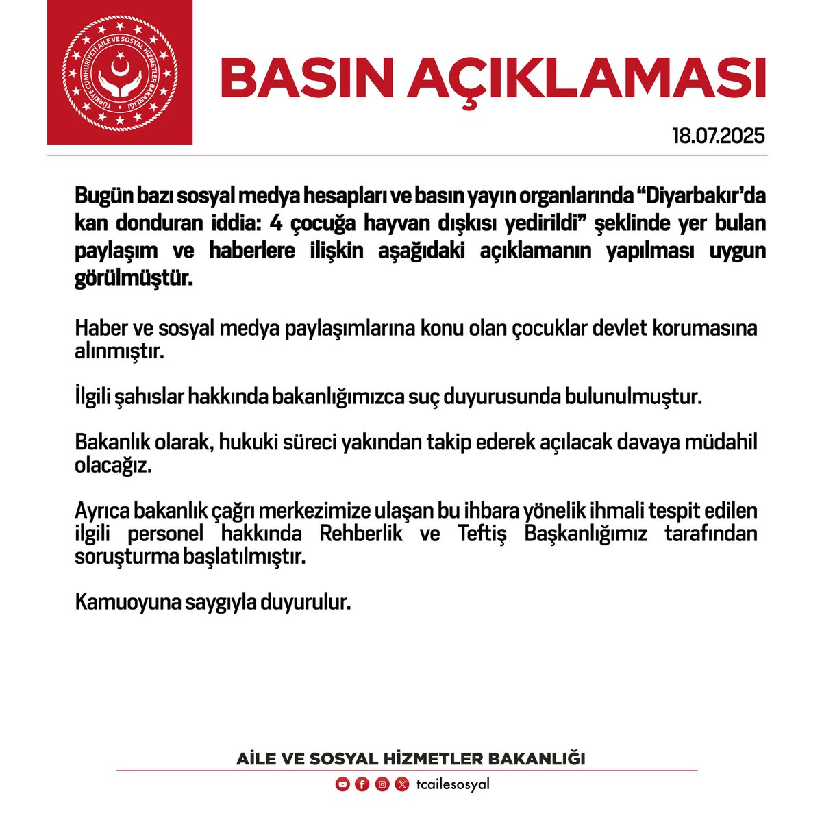 tcailesosyal's tweet image. ❗️Bugün bazı sosyal medya hesapları ve basın yayın organlarında “Diyarbakır’da kan donduran iddia” şeklinde yer bulan paylaşım ve haberlere ilişkin basın açıklamamız.