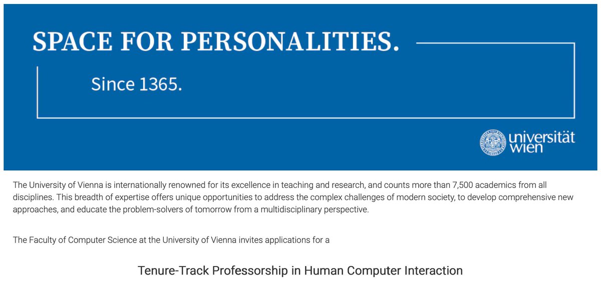 We’re hiring: Tenure-Track Professorship in Human-Computer Interaction at <a href="/univie/">univie</a>
Join a strong CS faculty &amp; the renowned University of Vienna in the heart of Europe. 
Deadline: 17 Sep 2025
buff.ly/zKKzbyI