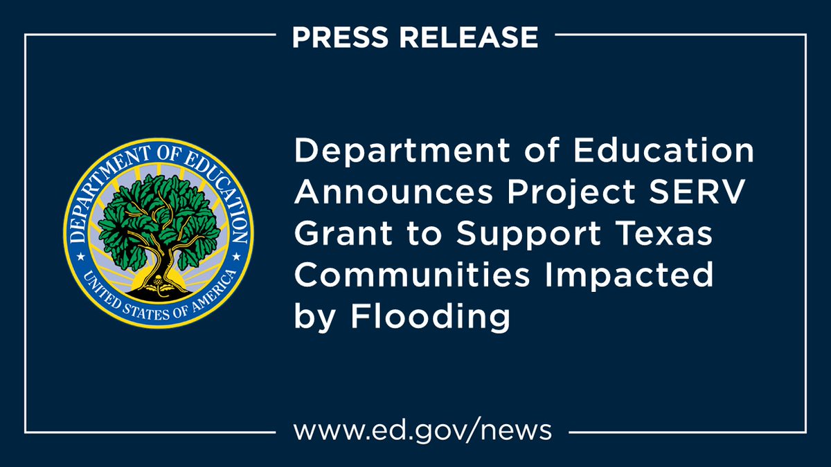 usedgov's tweet image. After the devastating flooding in Kerr County, Texas, ED is making $250,000 in Project SERV grant funds available to students, families, and community members as they respond to this disaster to help ensure that school starts on time in August. ed.gov/about/news/pre…