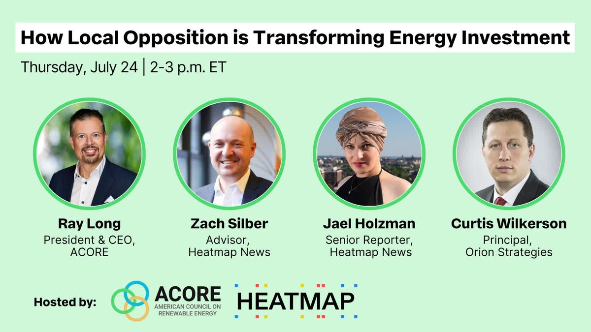 American Council on Renewable Energy (@acore) on Twitter photo Join ACORE and <a href="/heatmap_news/">Heatmap News</a> for a data-driven conversation exploring the rise of local opposition to #CleanEnergy projects. This webinar will reveal exclusive data about how local political risks are impacting different #energy sectors.
Register now! ➡️ acore.swoogo.com/ACOREwebinar?u… Join ACORE and <a href="/heatmap_news/">Heatmap News</a> for a data-driven conversation exploring the rise of local opposition to #CleanEnergy projects. This webinar will reveal exclusive data about how local political risks are impacting different #energy sectors.
Register now! ➡️ acore.swoogo.com/ACOREwebinar?u…