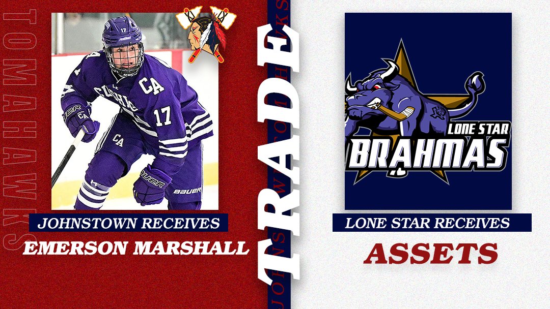 TRADE ALERT 🔀

The Johnstown Tomahawks have acquired '05 Forward Emerson Marshall from the Lone Star Brahmas in exchange for assets.

Emerson Marshall, in his Senior Year at Cushing Academy, accumulated 51 points in 32 games. He was also named to the New England Prep