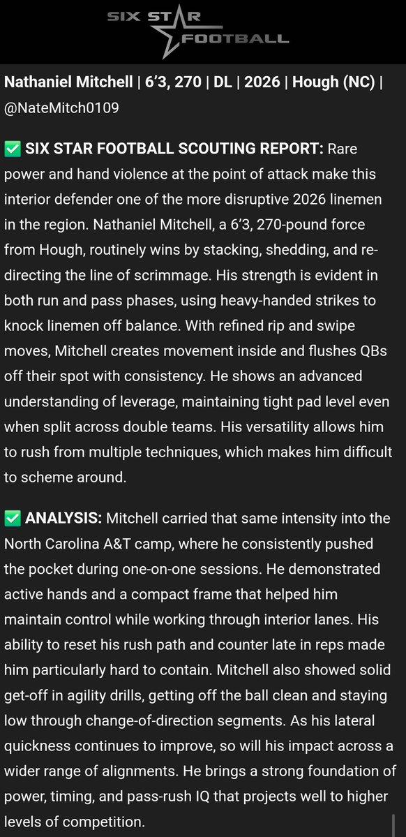 NateMitch0109's tweet image. Thank you @sixstarfootball for the write up! Always have a great time competing with @NCATFootball thanks to @CoachShawnGibbs @CoachCoard @CoachJones56 @CoachHarbor for a great camp! I look forward to being back on campus soon! @HoughFB @DeShawnBaker6 @SC_DBGROUP @pepman704