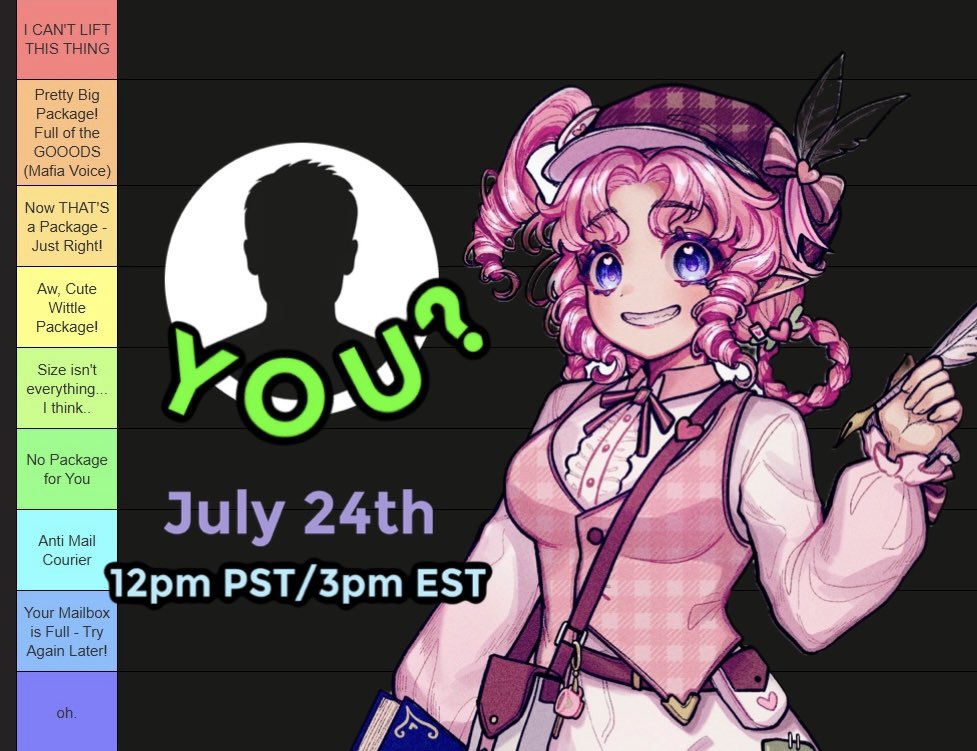 How BIG is your PACKAGE?

HEY MAILMATES
My birthday is next week - you know what that means… TIER LIST TIME!

Join your favorite Mail Courier ON JULY 24TH to see where YOU place! Just how big is your package? What’s inside it? I MUST KNOW!! Pngs ⬇️!

Yours Truly,

PosteaBibi📬💕