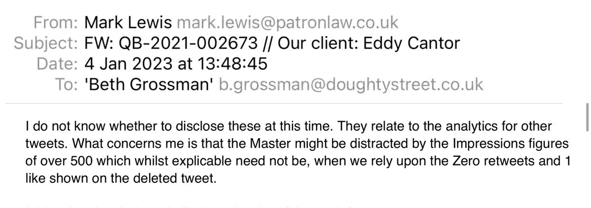 per_incuriam2's tweet image. This is the email where Mark Lewis of Patron Law queries with Beth Grossman of Doughty Street about disclosing evidence which would fatally undermine their client’s application.
The evidence was never disclosed. It completely stinks to high heaven.
@MLewisLawyer @BKGrossman