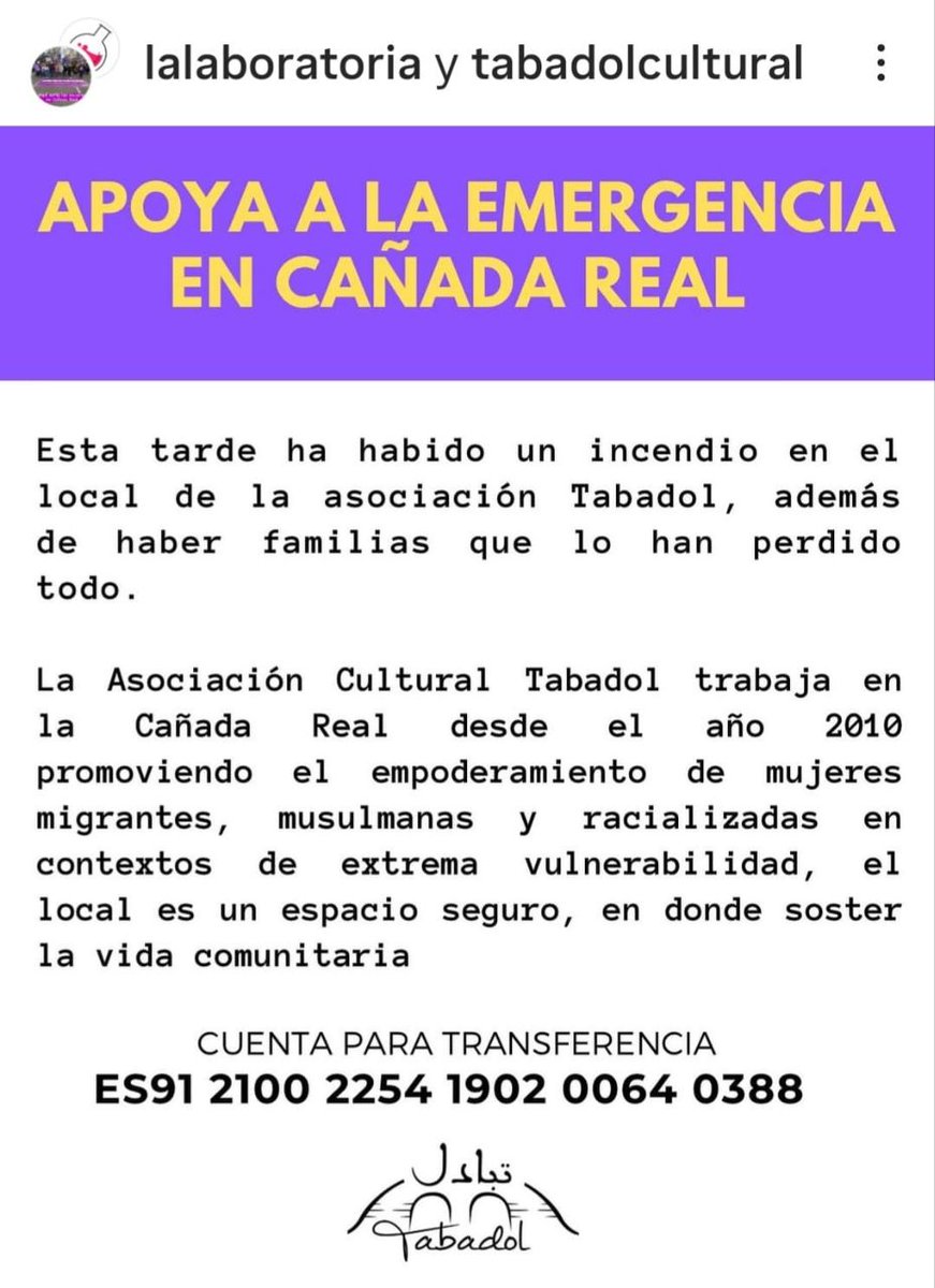 Nuestra solidaridad con la Asociación <a href="/mujerestabadol/">Asociación Tabadol. #CañadaReal</a>  y toda la Cañada real 👇🏾