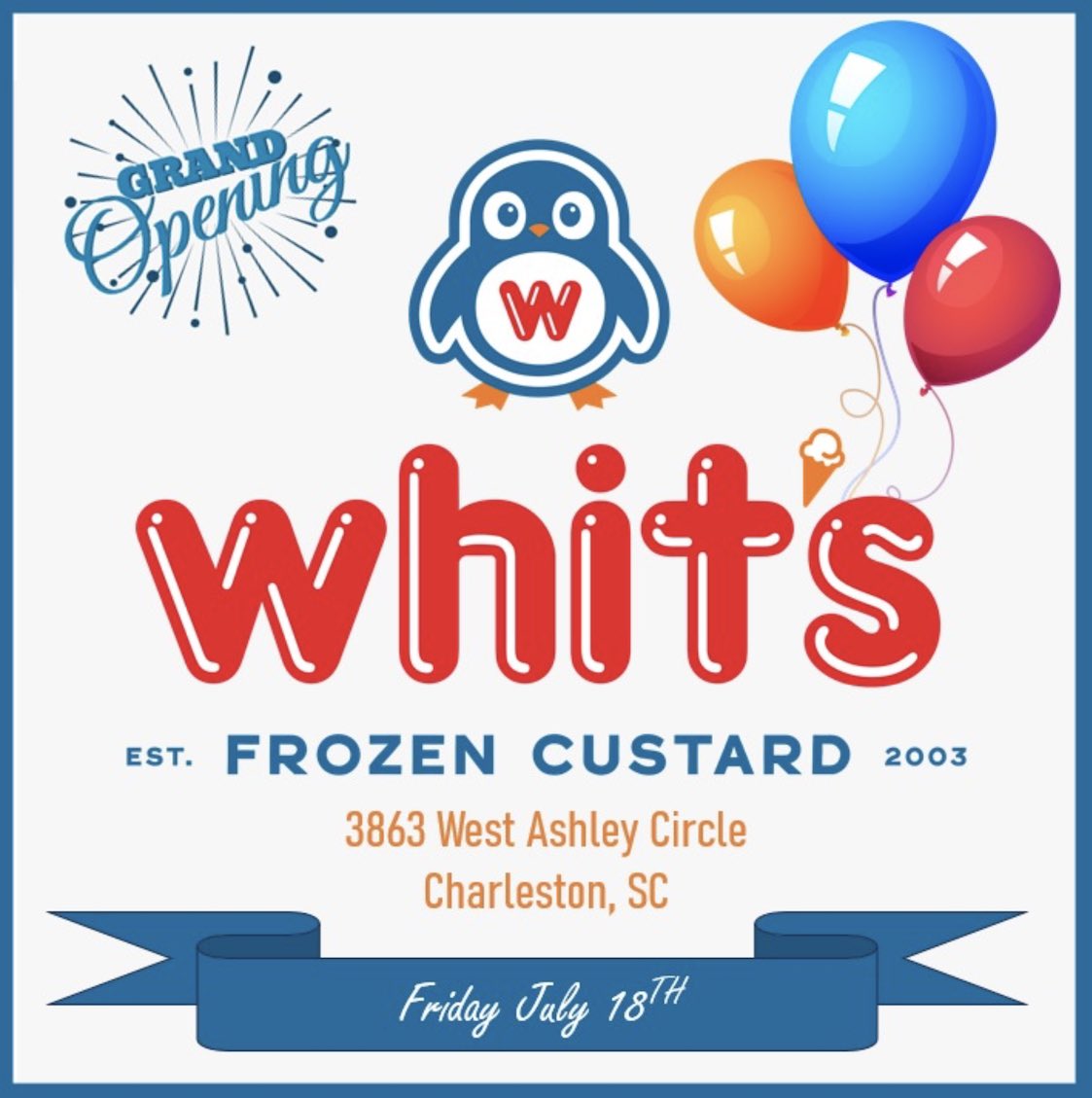 AroundCHS's tweet photo. Grand Opening Alert: Whit’s Frozen Custard Now Open in West Ashley joining James Island as the second area location - Charleston Daily - https://t.co/AqIVqEBme9
#WestAshley #CHSeats #CHSfood #GrandOpening #CharlestonSC #CharlestonDaily https://t.co/m7QFvEBZsb