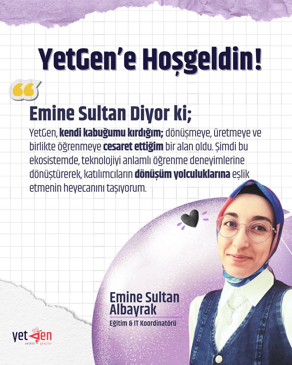 YetkinGencler's tweet photo. 🚀 YetGen Ailesi Büyümeye Devam Ediyor! 🎉
Eğitim ve IT Koordinatörü olarak aramıza katılan Emine Sultan Albayrak’ı büyük bir heyecanla karşılıyoruz! 🎉
Aramıza yeniden hoş geldin Emine Sultan! 💙
#YetkinGençler #YetGen https://t.co/e03jmi7hp6