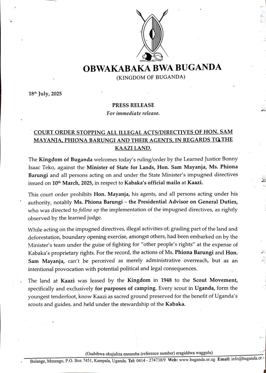 BugandaKingdom_'s tweet image. Kkooti enkulu eya Uganda eyimirizza mbagirawo ebiragiro bya Minisita Sam ku ttaka lya Kabaka ery'e Kaazi.
Minisita ow'Ettaka n'Ebizimbe mu Buganda Owek. Daudi Mpanga atangaazizza ensala ya kkooti eri Bannamawulire
Obwakabaka bulabudde abo bonna abakyalowooza okutambulira ku…