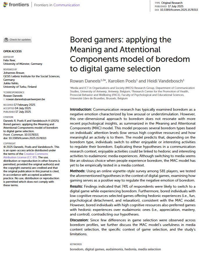 🚨PUB ALERT🚨

Through an online survey, we studied the relationship btwn boredom types (eg under &amp; overstimulation) and players' hedonic/fun, eudaimonic/appreciation, &amp; recovery-based (eg relaxation, mastery) game preferences.

<a href="/KPoels/">Karolien Poels</a> &amp; Heidi Vandebosch

doi.org/10.3389/fcomm.…