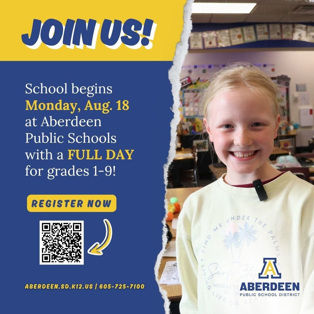One month to go, Golden Eagles!  💙🦅💛

School starts Monday, Aug. 18 with a full day for grades 1-9. Register your kindergartner or new student to join us at #AberdeenPublicSchools! ➡️ aberdeen.k12.sd.us/o/district/pag…