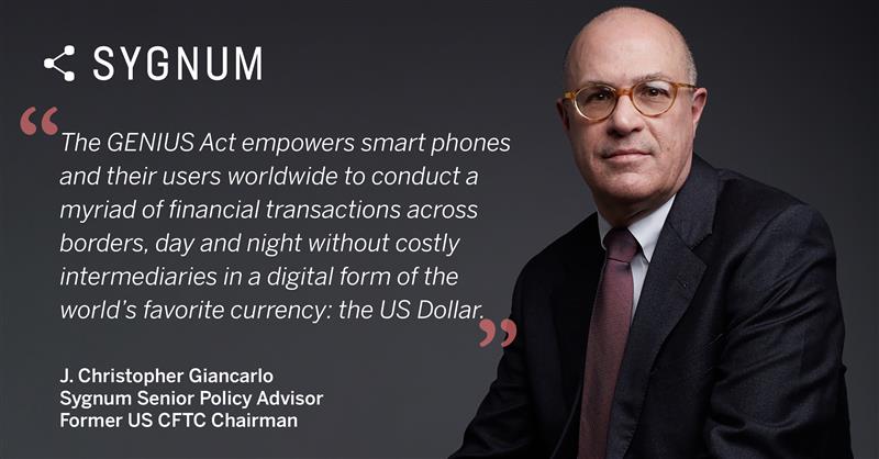 Sygnum Bank (@sygnumofficial) on Twitter photo On the passing of congress of the GENIUS Act, <a href="/giancarloMKTS/">Chris Giancarlo</a> , former US CFTC Chairman and Sygnum Senior Policy Advisor says: "The GENIUS Act empowers smart phones and their users worldwide to conduct a myriad of financial transactions across borders, day and night without On the passing of congress of the GENIUS Act, <a href="/giancarloMKTS/">Chris Giancarlo</a> , former US CFTC Chairman and Sygnum Senior Policy Advisor says: "The GENIUS Act empowers smart phones and their users worldwide to conduct a myriad of financial transactions across borders, day and night without