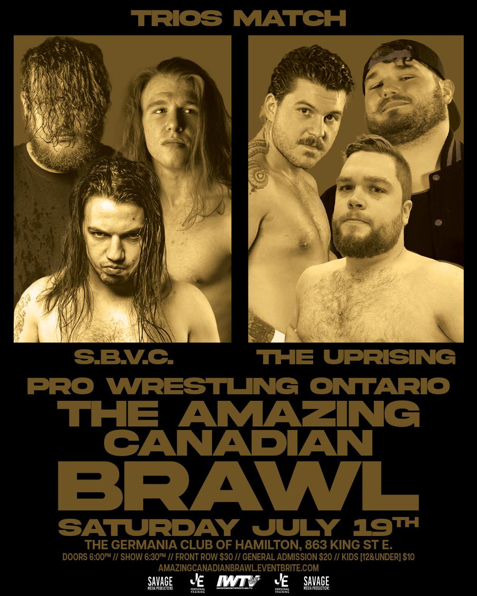Pro Wrestling Ontario (@prowrestlingont) on Twitter photo TOMORROW
Trios Match
The Uprising (<a href="/GenGagnePW/">“Generational” Alex Gagne</a>, <a href="/MikeyJenkinsPW/">Mikey Jenkins</a> & B!RD)
vs.
Sad Boy Violence Club (<a href="/The_TravisMoore/">“The Anomaly” Travis Moore</a>, <a href="/GrizzlyMackk/">Grizzly Mack🍉</a> & <a href="/thealecrealm/">Alec Realm</a>)
Tickets via <a href="/eventbrite/">Eventbrite</a>:
Amazingcanadianbrawl.eventbrite.com TOMORROW
Trios Match
The Uprising (<a href="/GenGagnePW/">“Generational” Alex Gagne</a>, <a href="/MikeyJenkinsPW/">Mikey Jenkins</a> & B!RD)
vs.
Sad Boy Violence Club (<a href="/The_TravisMoore/">“The Anomaly” Travis Moore</a>, <a href="/GrizzlyMackk/">Grizzly Mack🍉</a> & <a href="/thealecrealm/">Alec Realm</a>)
Tickets via <a href="/eventbrite/">Eventbrite</a>:
Amazingcanadianbrawl.eventbrite.com