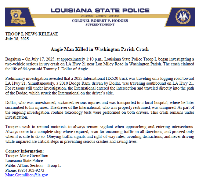 LAStatePolice's tweet image. Angie Man Killed in Washington Parish Crash