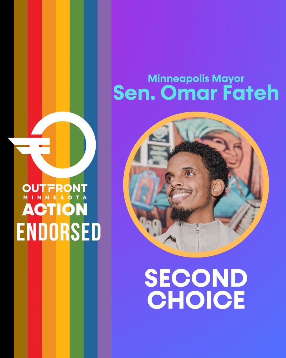OutFrontPAC's tweet image. SECOND CHOICE ENDORSEMENT: @OmarFatehMN for Minneapolis Mayor!
Sen. Fateh’s leadership in the MN legislature has been invaluable for all Minnesota’s 2SLGBTQ communities. We are excited to make history with his historic campaign. Rank Sen. Fateh Second Choice for a just future!