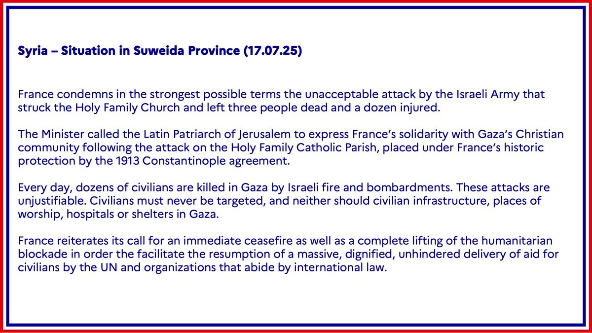 francediplo_EN's tweet image. #Israel / #PalestinianTerritories | France condemns in the strongest possible terms the unacceptable attack by the Israeli Army that struck the Holy Family Church and left three people dead and a dozen injured.
➡️ fdip.fr/uf9hbkq3