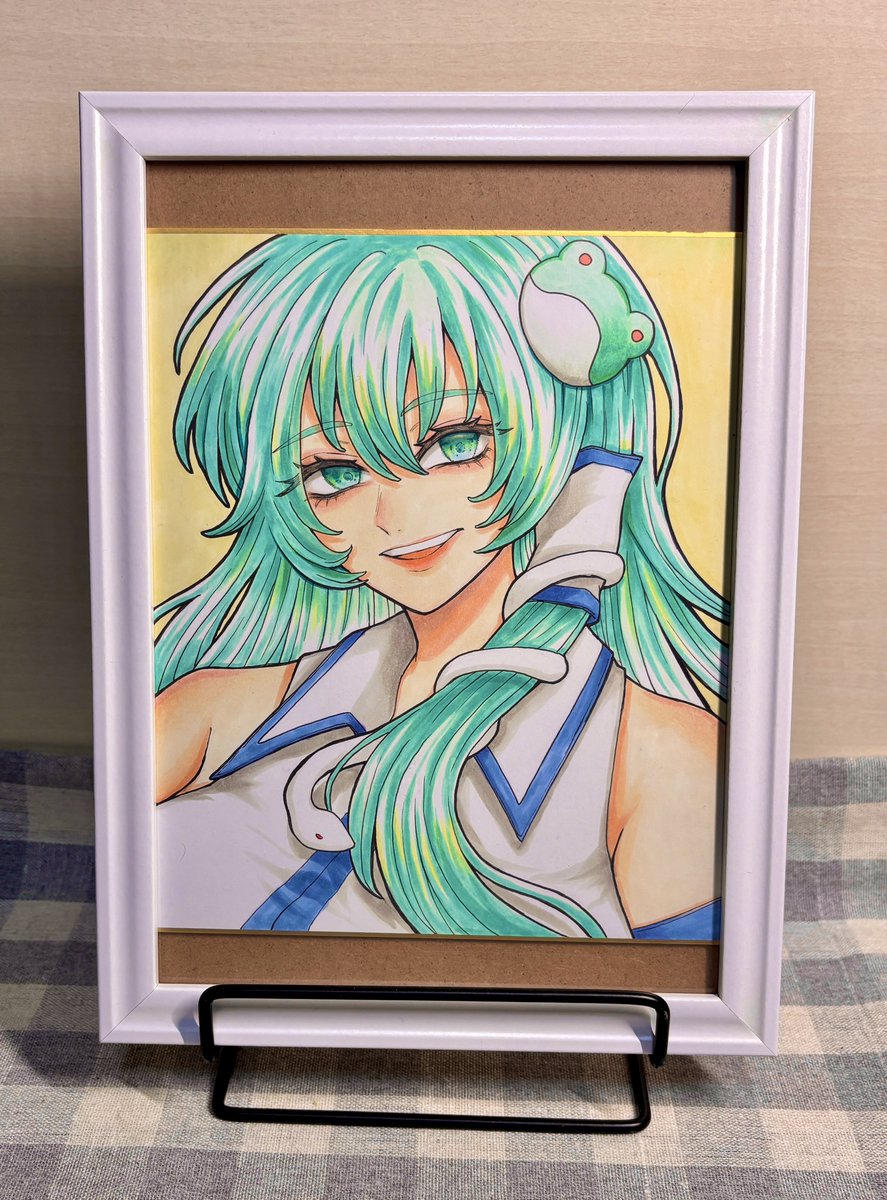 Rindow1854's tweet image. 名華祭でまみる様(@aqua067)からいただき物❗️
早苗色紙お迎え出来て良かった🐍✨✨
さとりの保管方法はまた改めてさせてください🙇💦