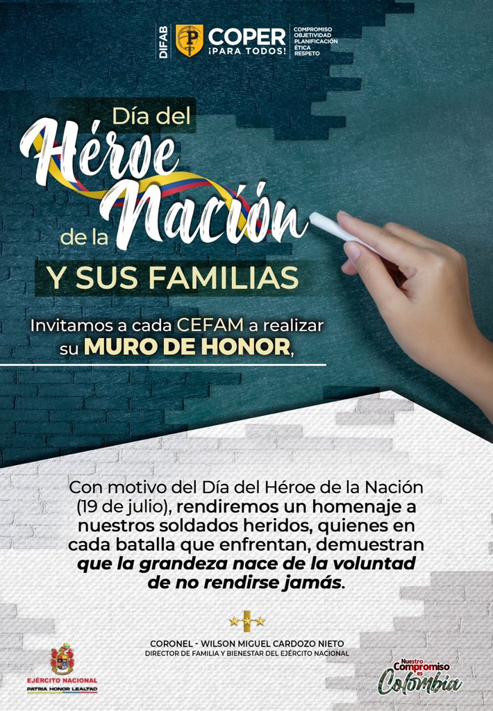 ejercito_COPER's tweet image. 📌#ParaDestacar | Este 19 de julio conmemoramos el Día del Héroe de la Nación y sus familias.

Cada CEFAM se une para rendir homenaje a nuestros soldados heridos, héroes de corazón que nunca se rinden.

Muy pronto conocerás el muro de honor.
#CoperParaTodos