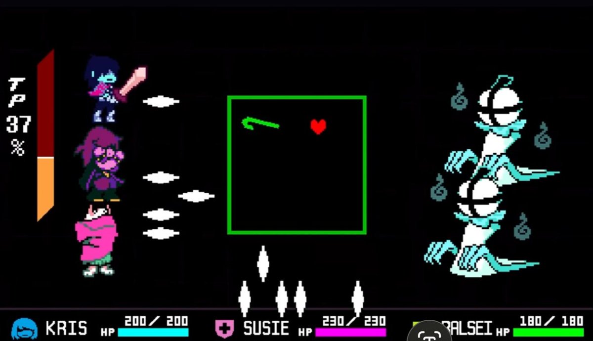 cammyboig's tweet image. Hey has anyone else noticed how gerson's cane is deliberately placed inside the battle box to show how it's the exact same shade of green which is also true of gaster's computer UI and spamton's strings?? (Credit to device theory for pointing out the latter)