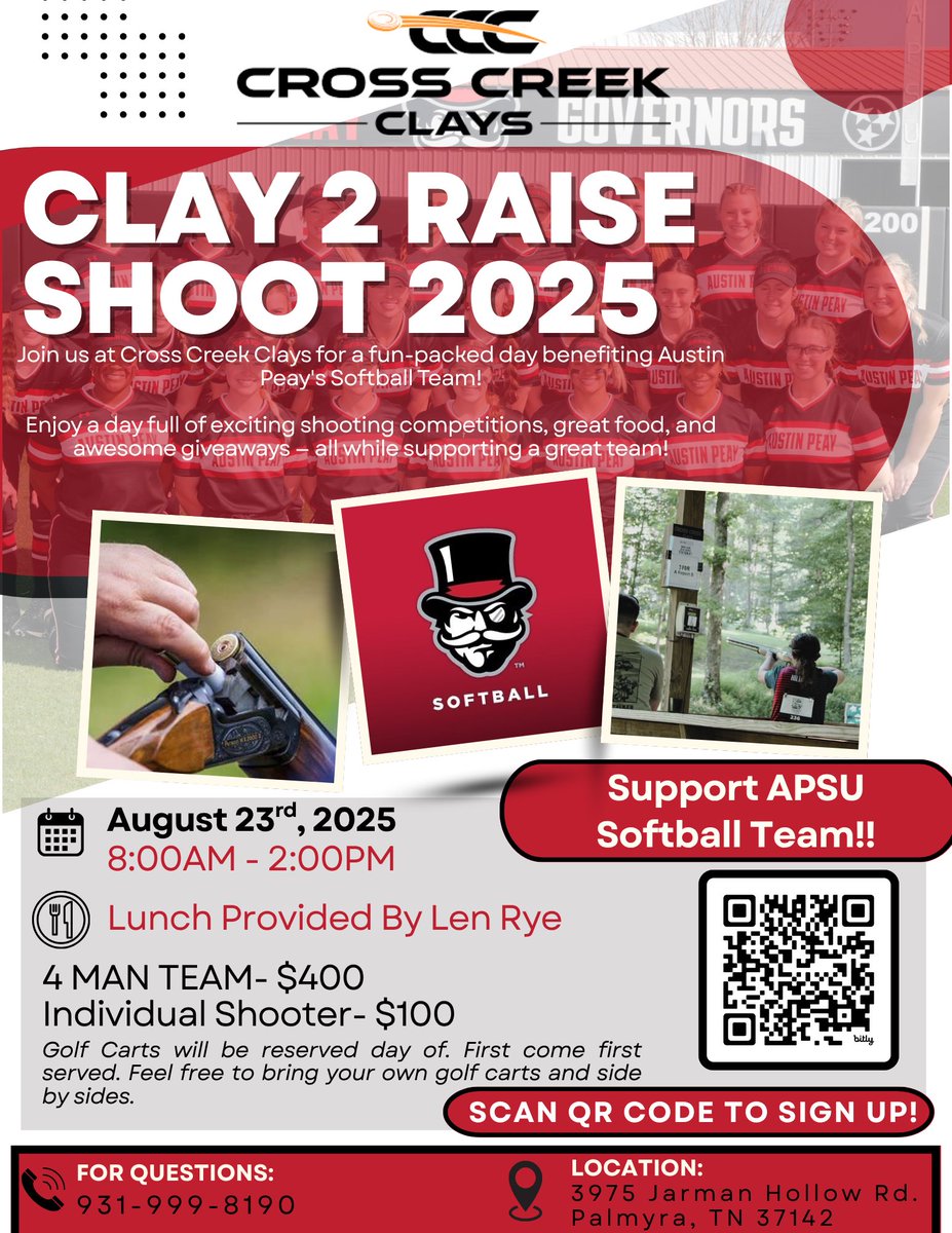 You can support #Team41 at our 4th annual Clays 2 Raise Shoot, August 23rd!🎩🥎

Click the link below for more information or how you and a team can register!

alumni.apsu.edu/clays2raise25