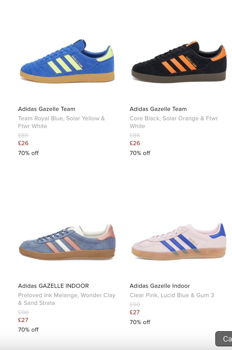 catchagem_'s tweet image. 53 types of adidas Gazelle are now 70% OFF @ END Clothing. Get a pair for just Β£26 while you can β‘
ad: Click here to see all > bit.ly/4m1Io43