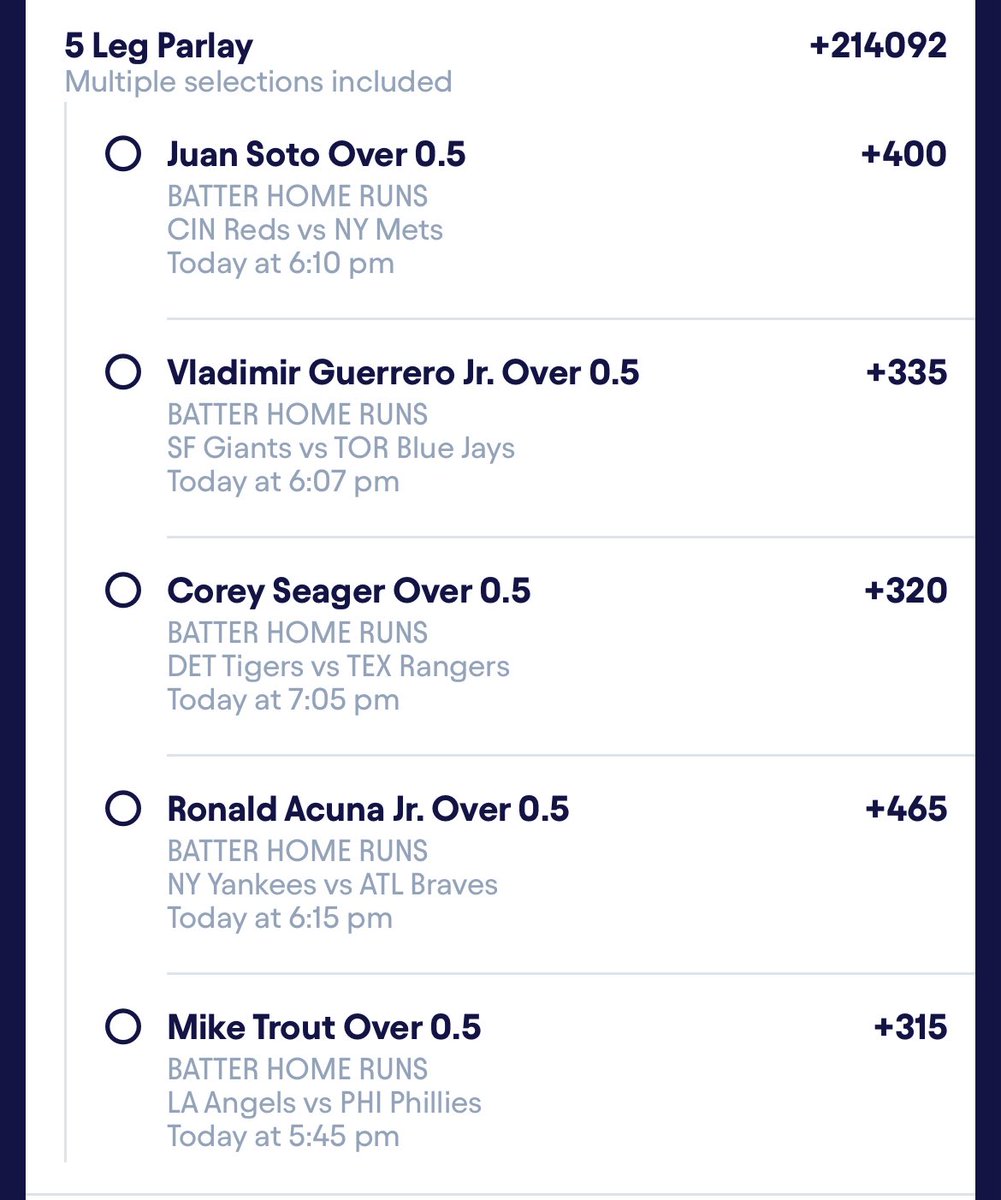 Ladder_Bets's tweet image. Betting $1 on an AI - 5 leg homerun hitter parlay 

+214,092 ODDS 
LFG 🤯

(These will NOT count towards straight record as they were chosen by AI)

#gamblingX #gamblingtwitter #sports #prizepicks #playerprops #homerun #parlay #trending #money #gambling #bang #Draftkings #MLB