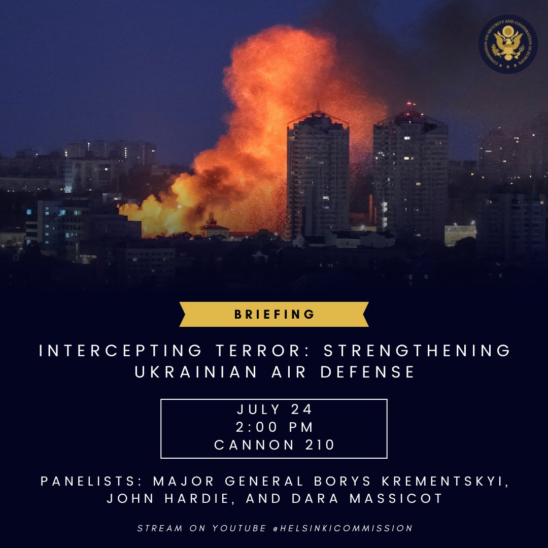 HelsinkiComm's tweet image. UPCOMING BRIEFING—Intercepting Terror: Strengthening Ukrainian Air Defense
📅July 24
🕑2pm
🏛️Cannon 210
Join our expert panel to discuss challenges Ukraine faces in defending against Russia's aerial attacks on cities and what allies can do to help stop the nightly assaults. (1/2)