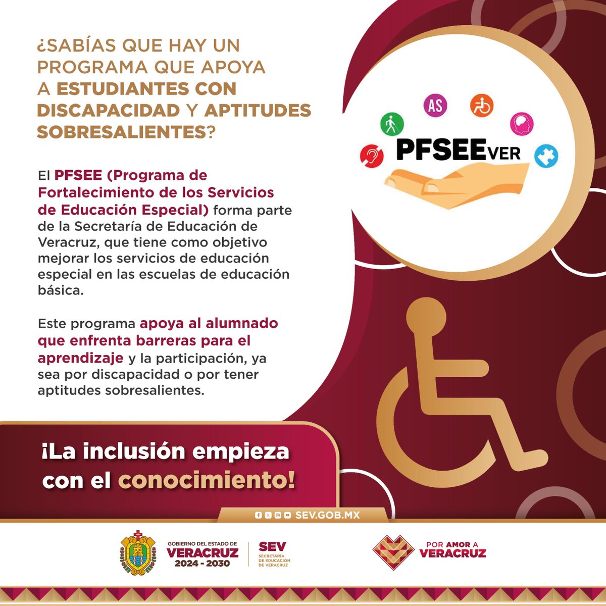 En Veracruz, existe un programa que apoya a estudiantes con discapacidad y aptitudes sobresalientes. ​

​Este programa fortalece los Servicios de Educación Especial en escuelas básicas, eliminando barreras y promoviendo una educación más justa e incluyente♿✨​.
#PorAmorAVeracruz