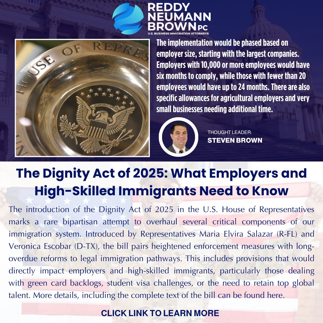 rnlawgroup's tweet image. Can the Dignity Act of 2025 finally fix America's broken immigration system for employers and high-skilled workers alike?
A rare bipartisan bill just introduced in Congress could overhaul everything from green card backlogs to E-Verify mandates. Join Partner Steven Brown as he…