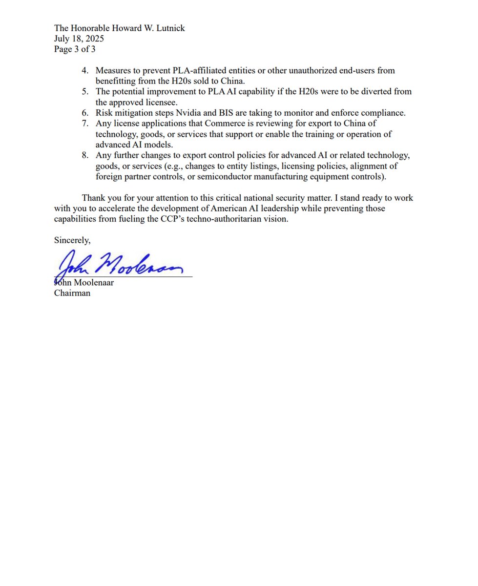 americans4ri's tweet image. NEW: House CCP Committee Chair @RepMoolenaar pushes back on the decision to lift H20 export controls, requesting a briefing from Commerce.
Full letter: ari.us/wp-content/upl…
