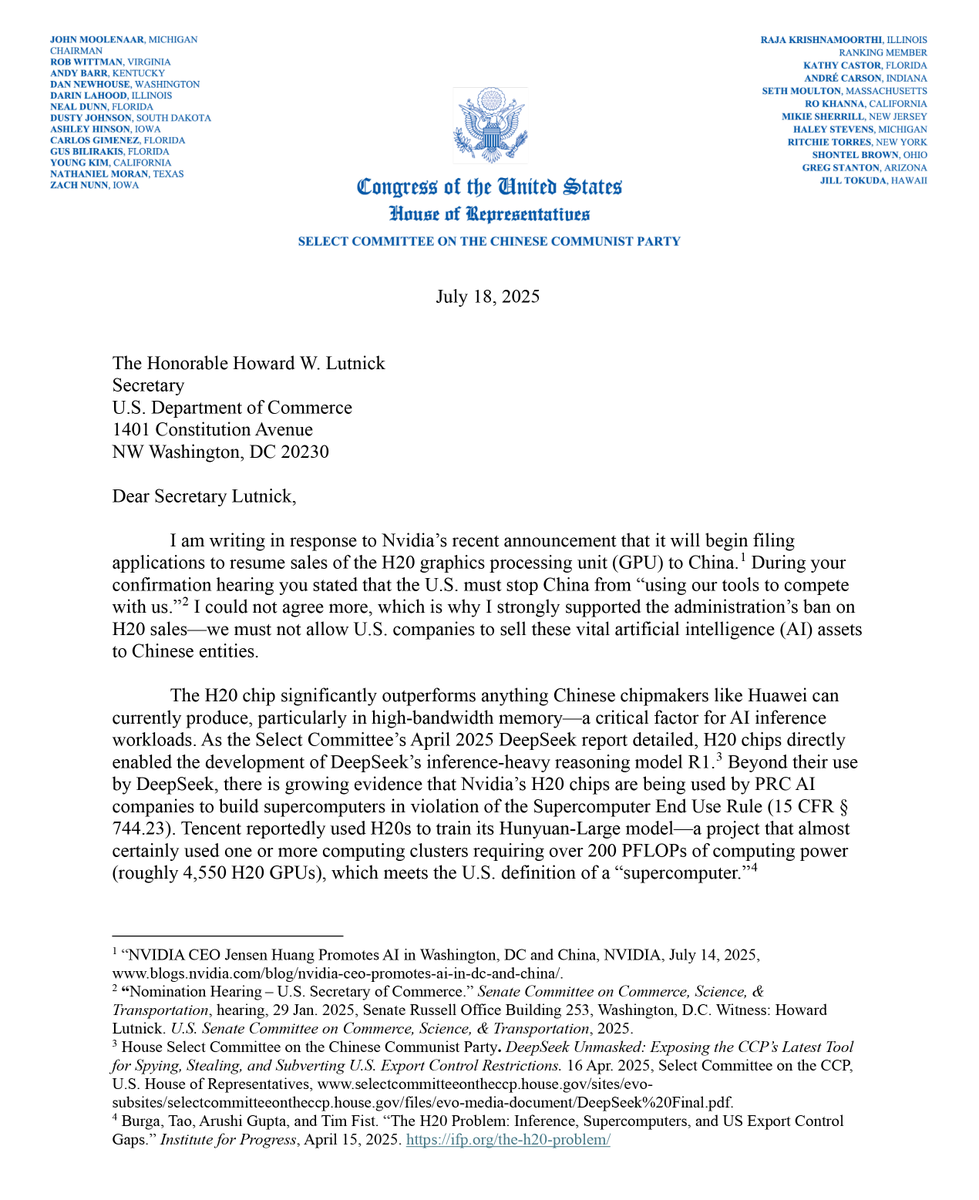 americans4ri's tweet image. NEW: House CCP Committee Chair @RepMoolenaar pushes back on the decision to lift H20 export controls, requesting a briefing from Commerce.
Full letter: ari.us/wp-content/upl…