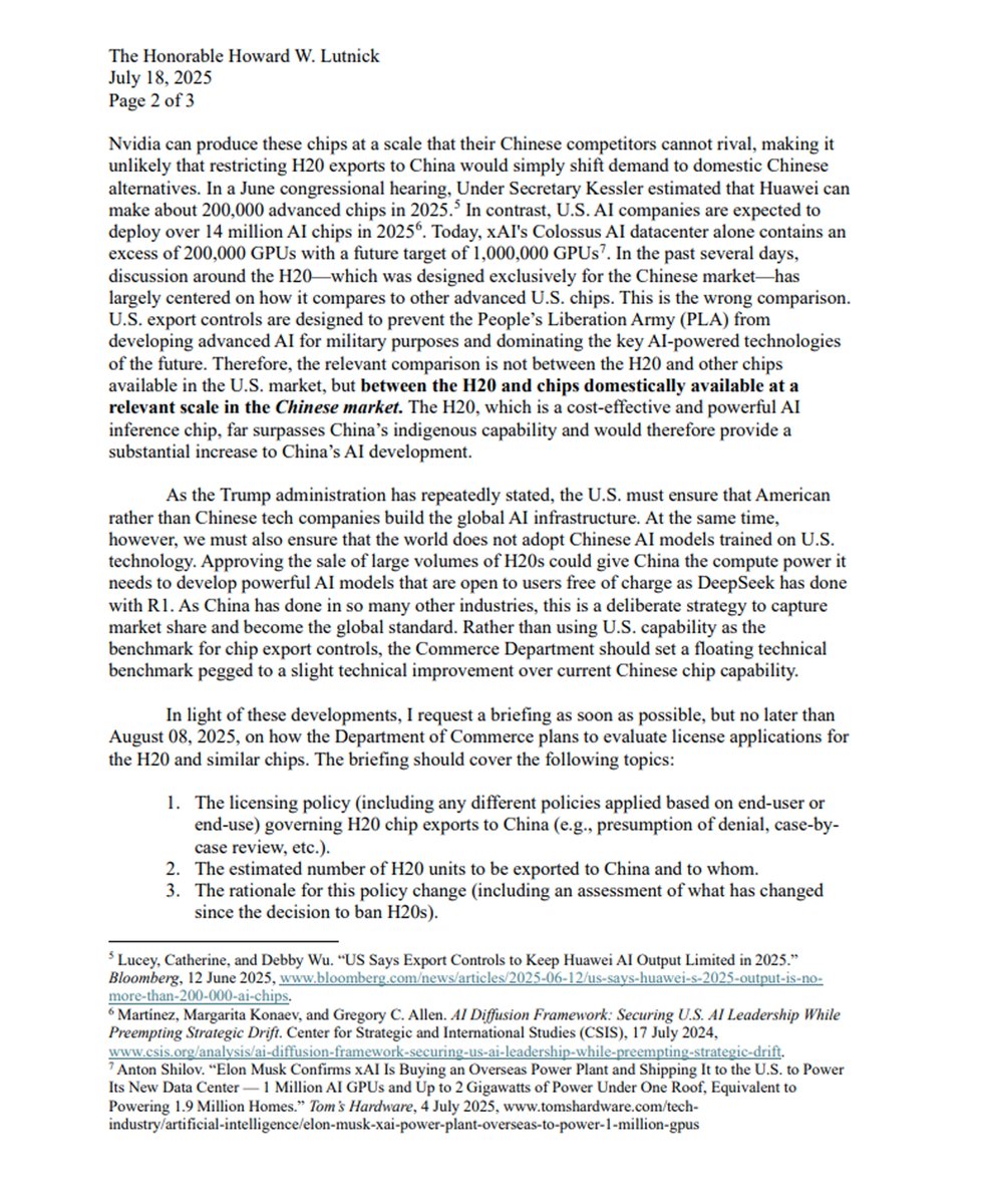 americans4ri's tweet image. NEW: House CCP Committee Chair @RepMoolenaar pushes back on the decision to lift H20 export controls, requesting a briefing from Commerce.
Full letter: ari.us/wp-content/upl…