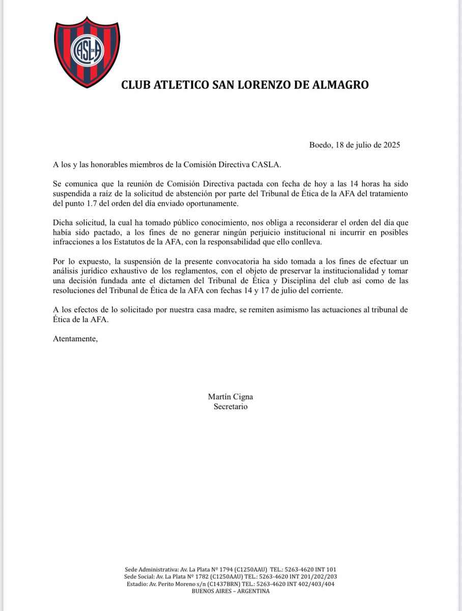 EDITORIAL | “La rendición anticipada de un club que ya no se anima ni a reunirse

Mirá si Belgrano hubiera suspendido la Revolución de Mayo porque la corona española pidió abstenerse...
hoy San Lorenzo tendría virrey, pero seguiría con déficit operativo y Cigna de secretario.

No